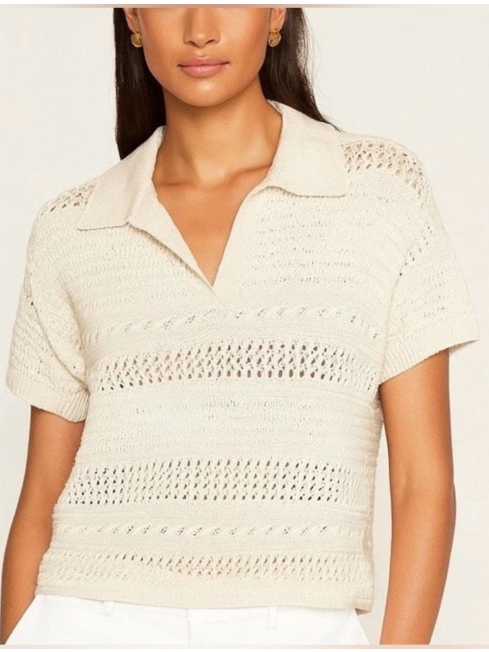 Joie pointelle crochet knit cream collared shirt sleeve sweater blouse size m